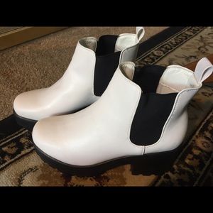 White chunky heel ankle boots
